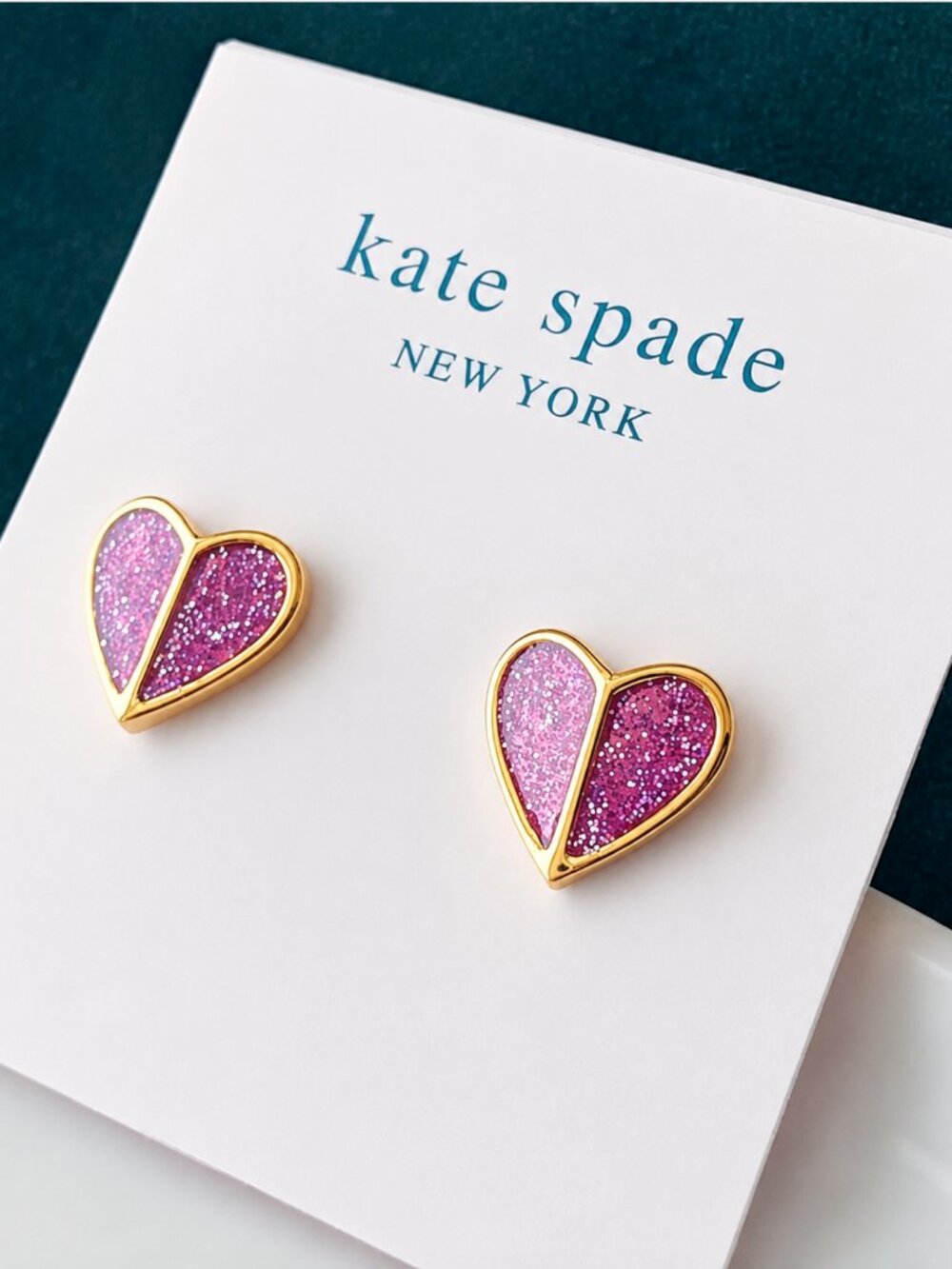 Kate Spade Pink Glitter Heart Stud Earrings Gold Tone Sparkle Love Jewelry